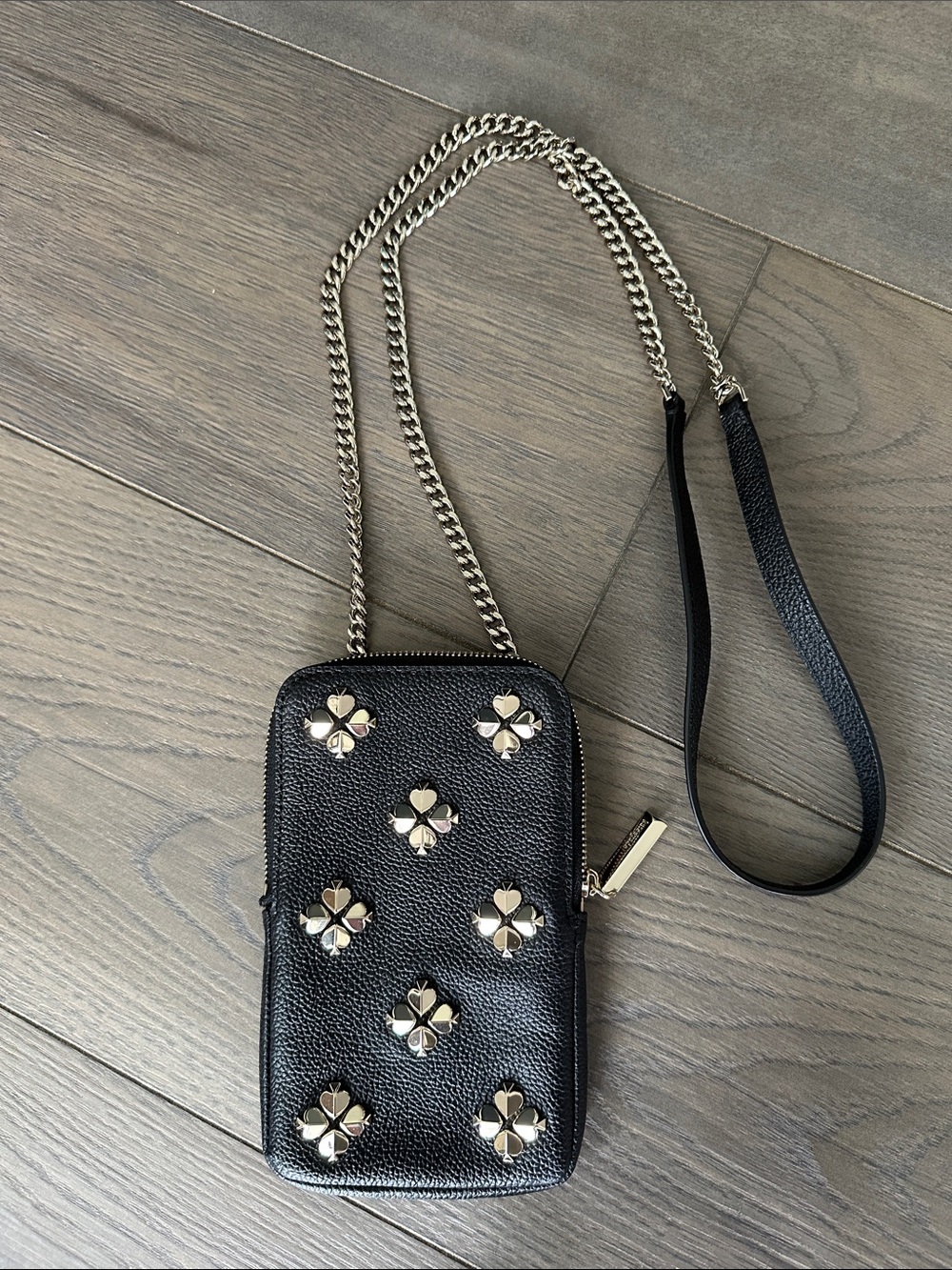 Kate Spade Black Leather Crossbody Bag with Gold Flower Studs